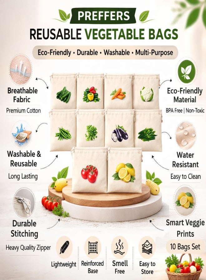 SPARROWFLY 100% Nacture Cotton Reusable Vegetable Bags for Fridge | Eco-friendly Storage Bags for Kitchen Organizer Washable Breathable Zipper Cloth Bags for Vegetables (Cream (Pack of 10)) (10 PACK) - Image 3