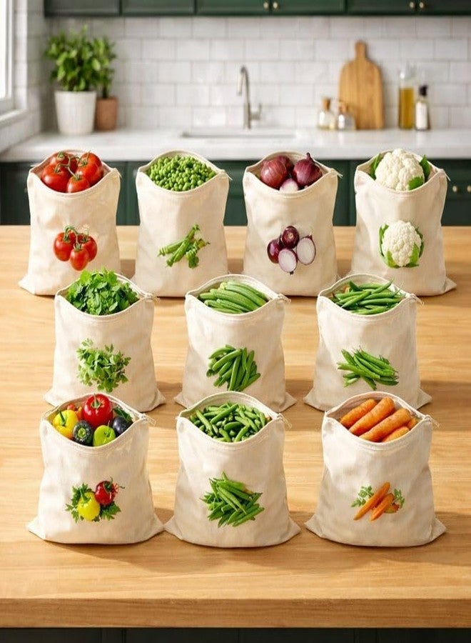 SPARROWFLY 100% Nacture Cotton Reusable Vegetable Bags for Fridge | Eco-friendly Storage Bags for Kitchen Organizer Washable Breathable Zipper Cloth Bags for Vegetables (Cream (Pack of 10)) (10 PACK) - Image 1