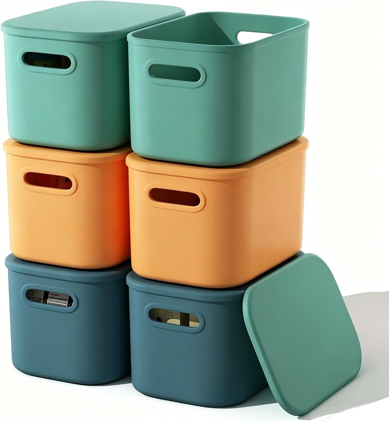 ORGIDOL 6 Pack Colorful Storage Bins with Lids Stackable Storage Container for Organizing, Storage Boxes with Handle for Shelves, Cute Storage Bin for Craft, Snacks, 9.85x6.9x5.7 inch - Image 1