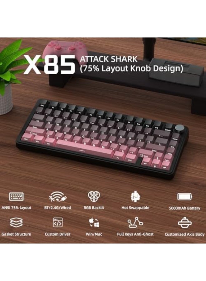 لوحة مفاتيح ميكانيكية مشتركة X85 مع أزرار، لوحة مفاتيح للألعاب بنسبة 75% اللاسلكية (BT5.0/2.4G/USB-C) مع بطانة بخمس طبقات، RGB، سعة 5000mAh، قابلة للتبديل السريع، مفاتيح PBT (وردي) - Image 2