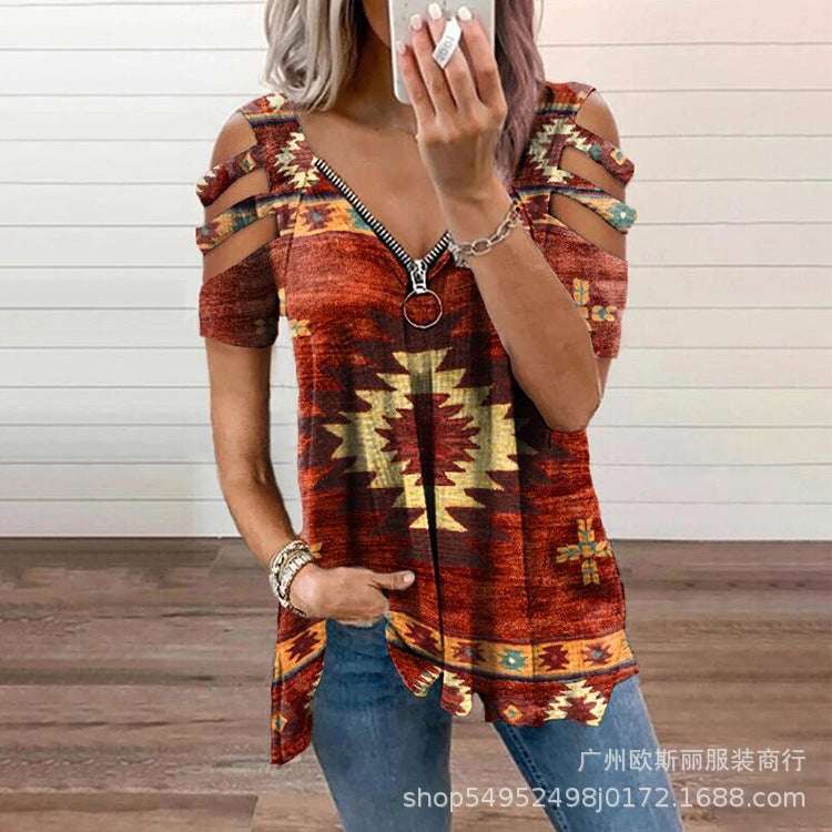 2021 summer new sexy V-neck ethnic style western print loose short-sleeved zipper T-shirt top edge grey Dark red ash XL - Image 2