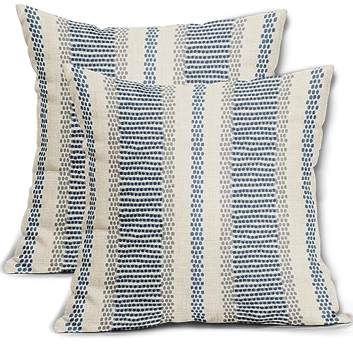 Aytipun Blue Pillow Covers 18x18 Set of 2 Gray Grey Dot Print Striped Decorative Outdoor Pillowcases Boho Rustic Farmhouse Decorative Throw Cushion Case Decor for Couch Sofa Bed - Image 1
