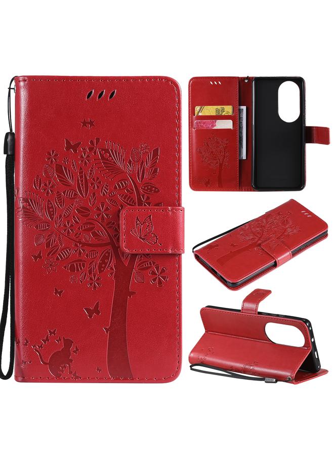 اس-توب جراب لهاتف Huawei P50 Pro بنقشة شجرة وقطة مضغوطة، جراب جلدي PU قلاب أفقي مع حامل وفتحات للبطاقات ومحفظة وحبل تعليق - Image 1