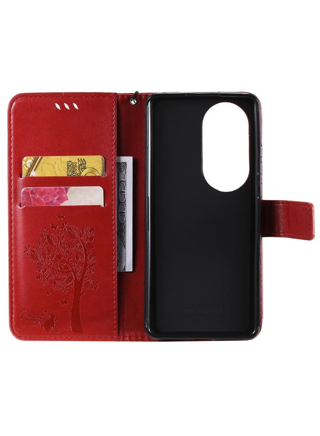 اس-توب جراب لهاتف Huawei P50 Pro بنقشة شجرة وقطة مضغوطة، جراب جلدي PU قلاب أفقي مع حامل وفتحات للبطاقات ومحفظة وحبل تعليق - Image 4