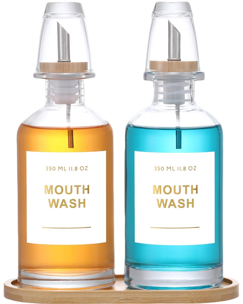 BONLONG 118OZ Glass Mouthwash Dispenser for Bathroom with Stainless Steel  Bamboo Nozzle Mouthwash Cup Reusable Bamboo Tray and Elegant Gold StickerSet of 2Clear