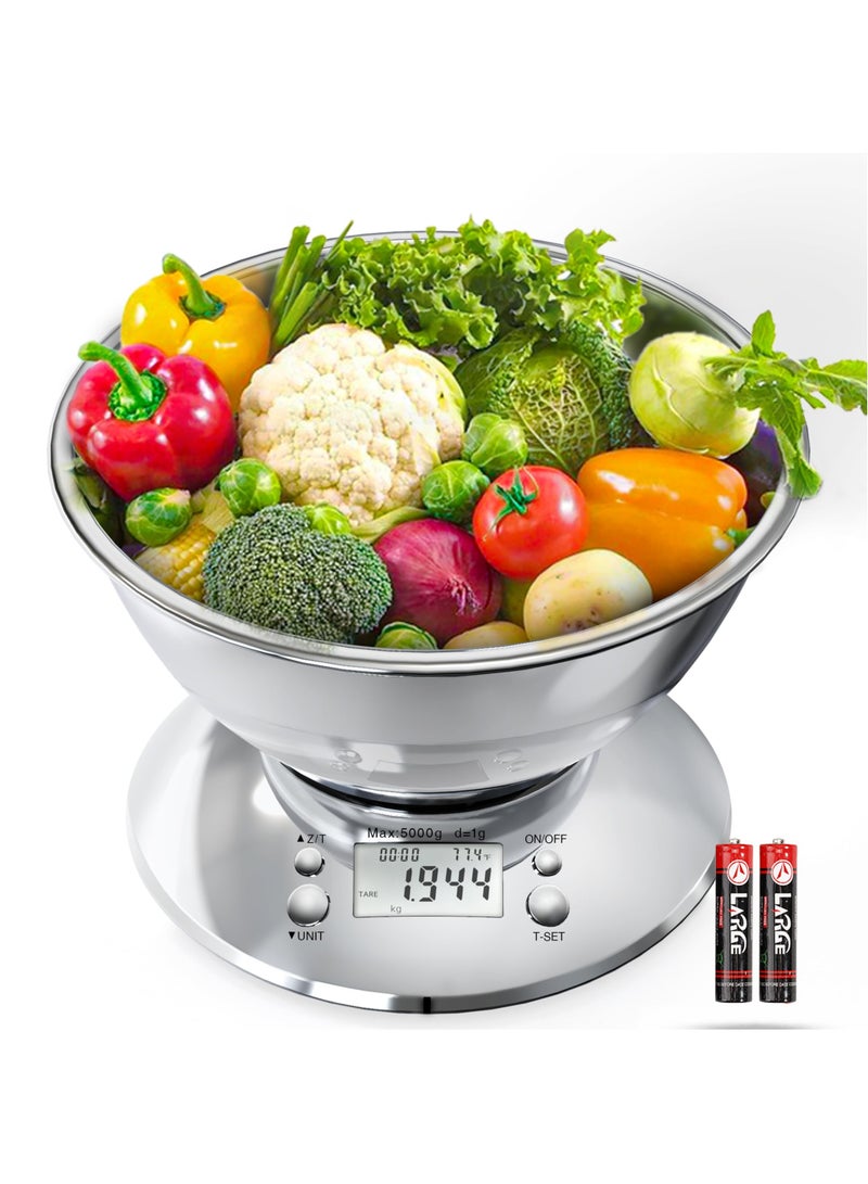 SYOSI Kitchen Digital Scale, Kitchen Food Scale with Bowl, Stainless Steel Kitchen Food Digital Scale for Weight Loss/Baking/Cooking, 5Kg/1g Precision Kitchen Digital Scale, 2 AAA Batteries Included - Image 1