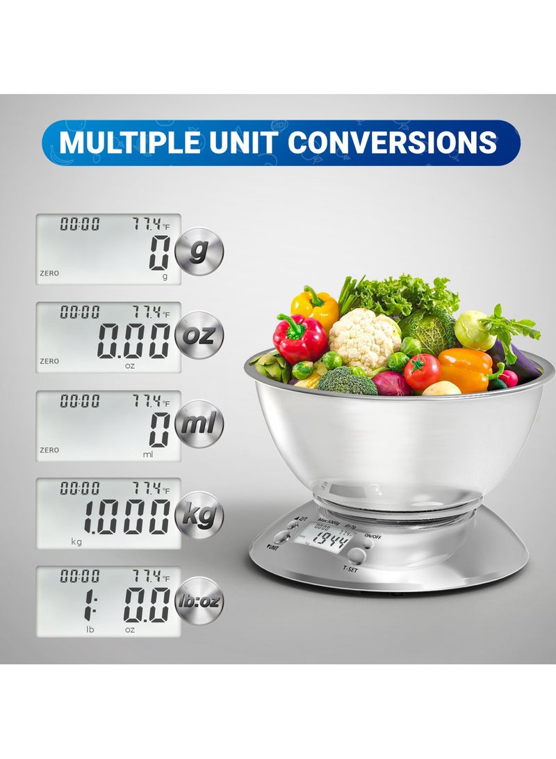 SYOSI Kitchen Digital Scale, Kitchen Food Scale with Bowl, Stainless Steel Kitchen Food Digital Scale for Weight Loss/Baking/Cooking, 5Kg/1g Precision Kitchen Digital Scale, 2 AAA Batteries Included - Image 3