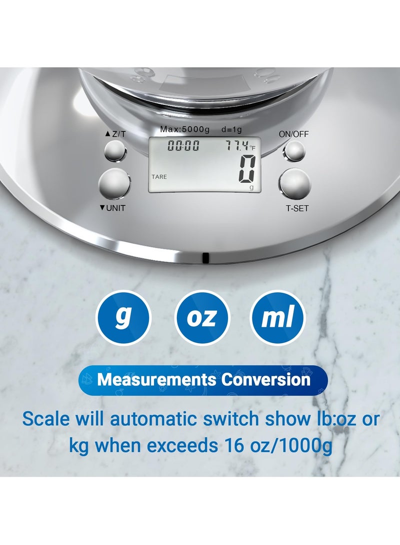 SYOSI Kitchen Digital Scale, Kitchen Food Scale with Bowl, Stainless Steel Kitchen Food Digital Scale for Weight Loss/Baking/Cooking, 5Kg/1g Precision Kitchen Digital Scale, 2 AAA Batteries Included - Image 2