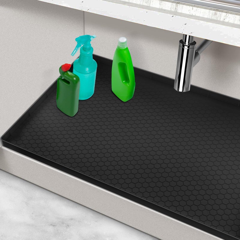 MECHEER Under Sink Mats for Kitchen Waterproof, 34" x 22" Silicone Under Kitchen Sink Mats and Protectors for Cabinets, Under Sink Tray Organizer, Shelf Liners Cabinet Liner for Kitchen and Bathroom, Black - Image 1
