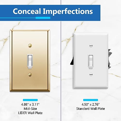 LIDER Toggle Switch Metal Wall Plate, Impact and Corrosion Resistant, Metal Light Switch Cover, 201 Stainless Steel, Sleek, Minimalist Design, Mid-Size 1-Gang 4.88" x 3.11", Polished Brass - Image 3