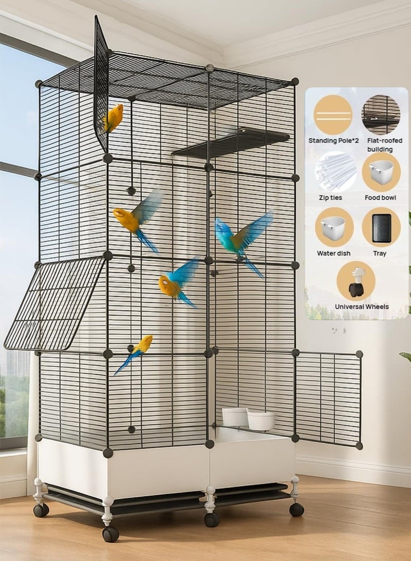 WALALLA Large Forged Steel Bird Cage, Comes with Food Bowl,Water Bowl, Ladder, Platform, Tray,Equipped with Wheels for Outdoor Mobility, Suitable for Parrots, Pigeons, Canaries,Black 74*37*175 cm - Image 1