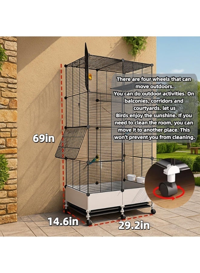 WALALLA Large Forged Steel Bird Cage, Comes with Food Bowl,Water Bowl, Ladder, Platform, Tray,Equipped with Wheels for Outdoor Mobility, Suitable for Parrots, Pigeons, Canaries,Black 74*37*175 cm - Image 5