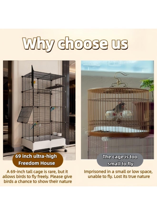 WALALLA Large Forged Steel Bird Cage, Comes with Food Bowl,Water Bowl, Ladder, Platform, Tray,Equipped with Wheels for Outdoor Mobility, Suitable for Parrots, Pigeons, Canaries,Black 74*37*175 cm - Image 3