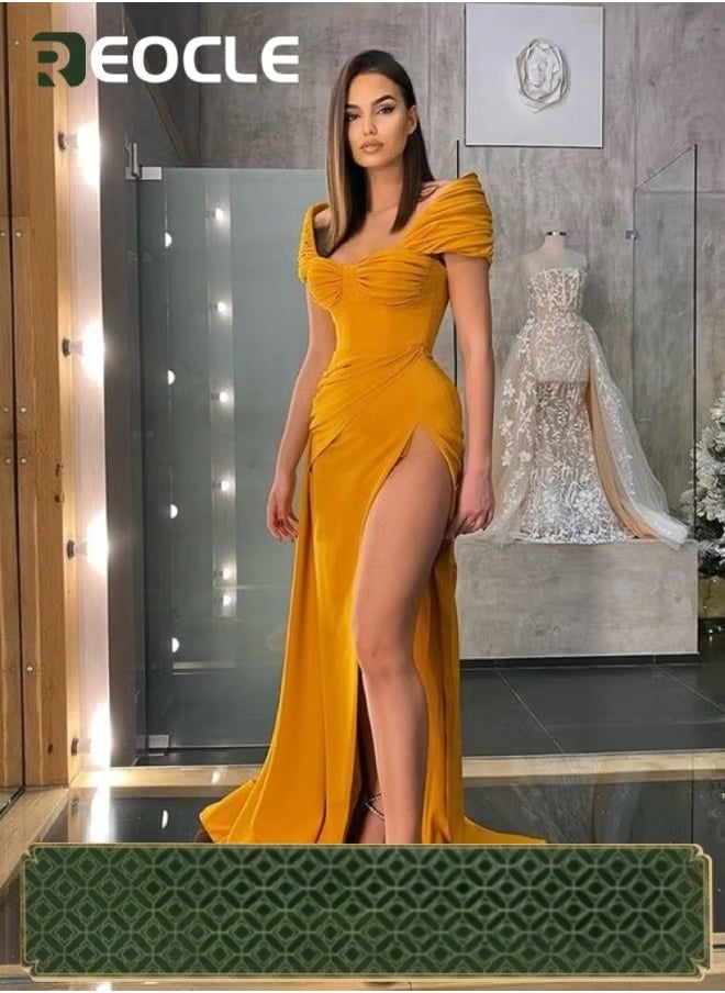 REOCLE Women's Off Shoulder High Split Long Formal Party Dress Evening Gown Bodycon Wedding Guest Dress - Image 1