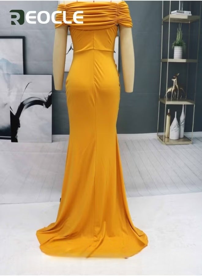 REOCLE Women's Off Shoulder High Split Long Formal Party Dress Evening Gown Bodycon Wedding Guest Dress - Image 4