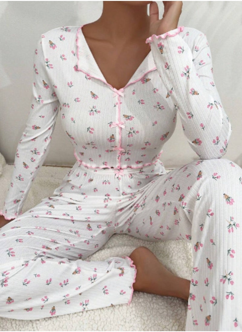 Shein White Floral Pajama Set With Lettuce Trim  - Image 1