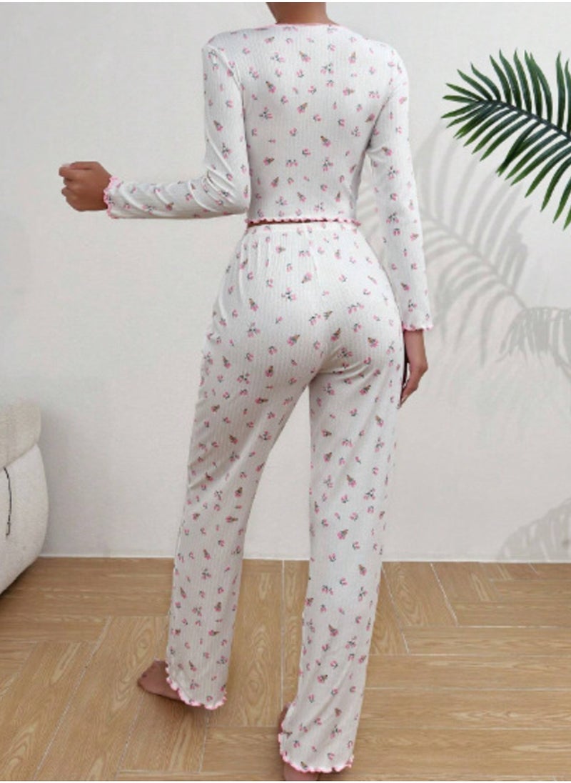 Shein White Floral Pajama Set With Lettuce Trim  - Image 2