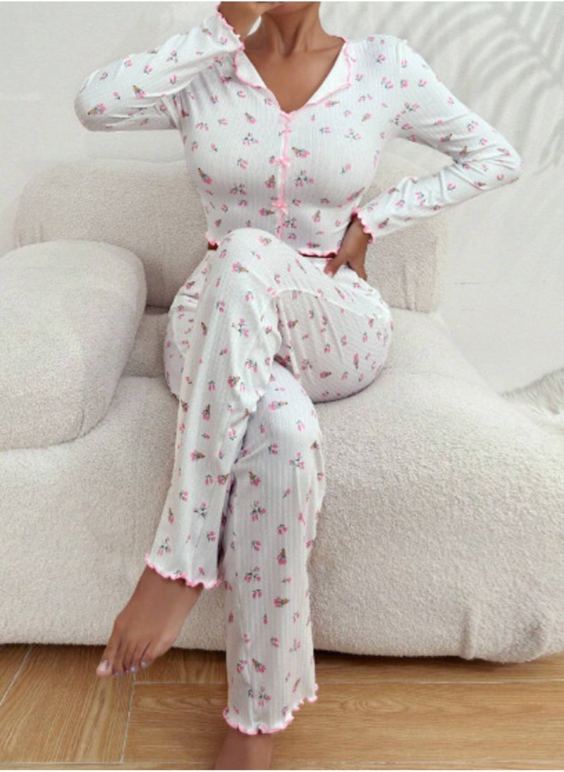 Shein White Floral Pajama Set With Lettuce Trim  - Image 3