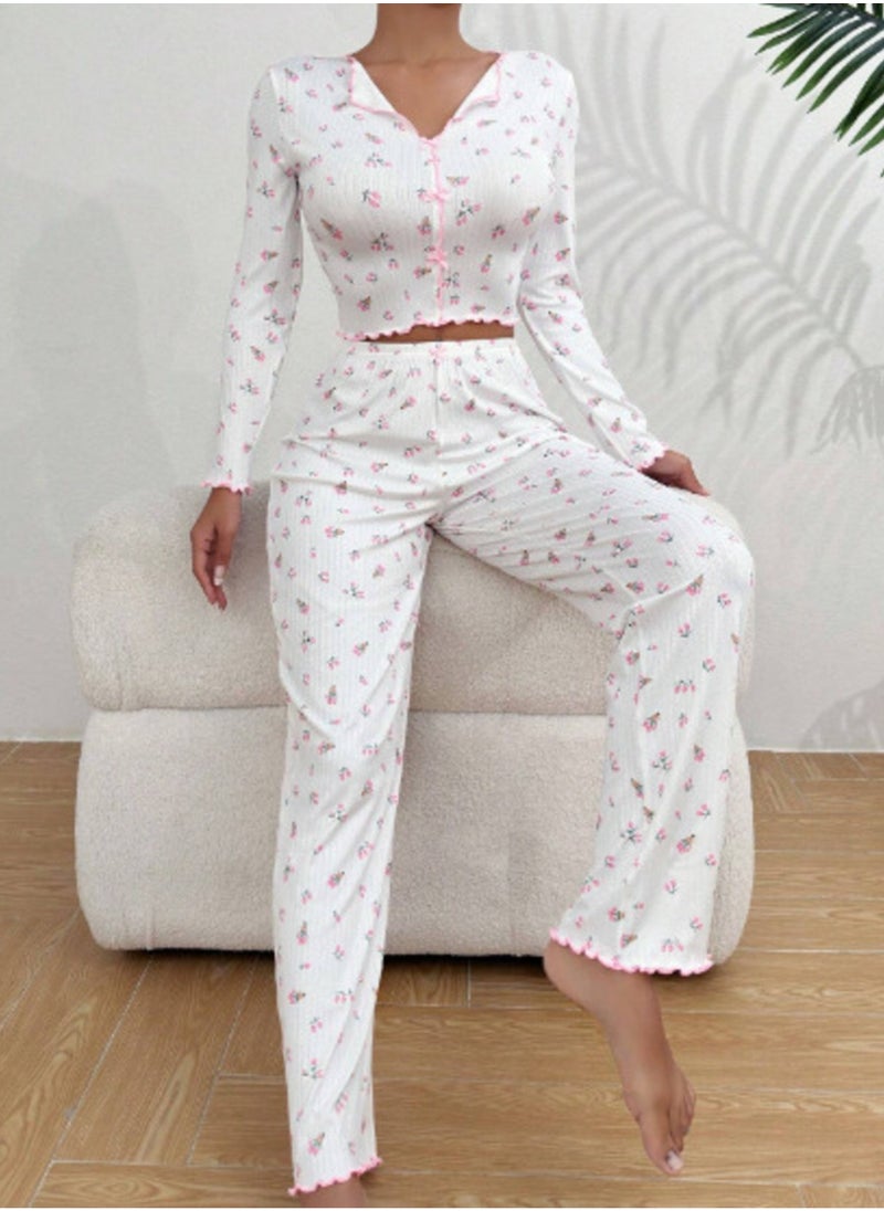 Shein White Floral Pajama Set With Lettuce Trim  - Image 4