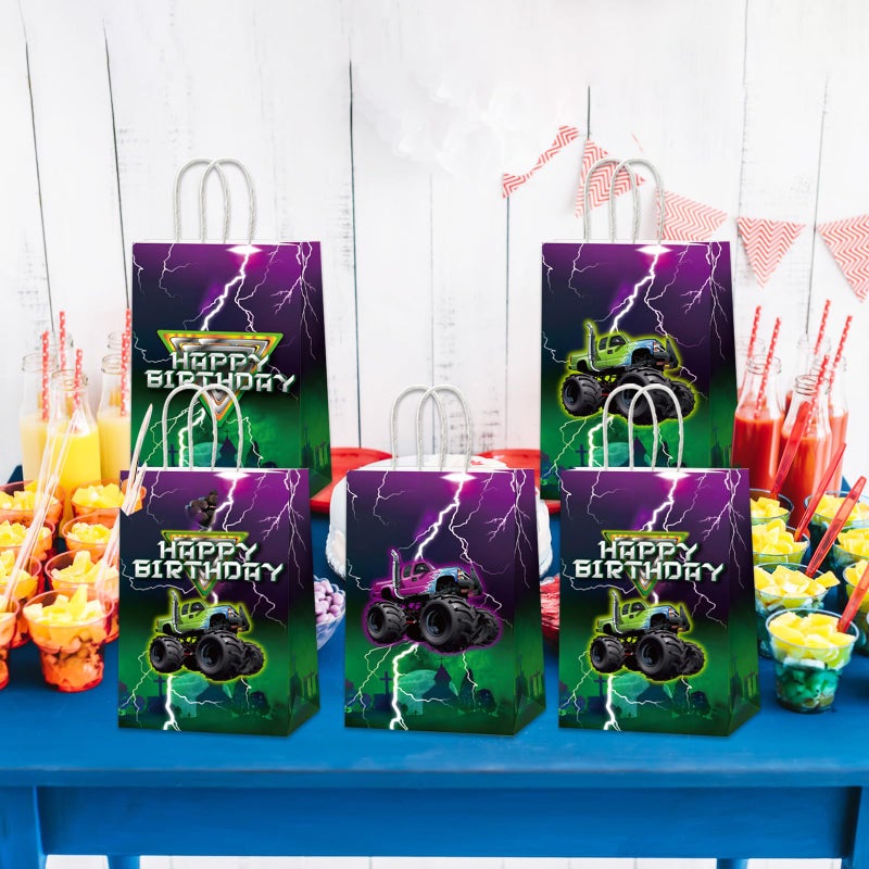 CHUNNIN 12 Monster Truck Birthday Party Paper Bags Monster Truck Candy Bags Green Purple Racing Truck Theme Decorations - Kids Boys Gift Goodie Birthday Party Favorï¼ˆ8.27 x 4.72 x 3.15inchï¼‰ - Image 4