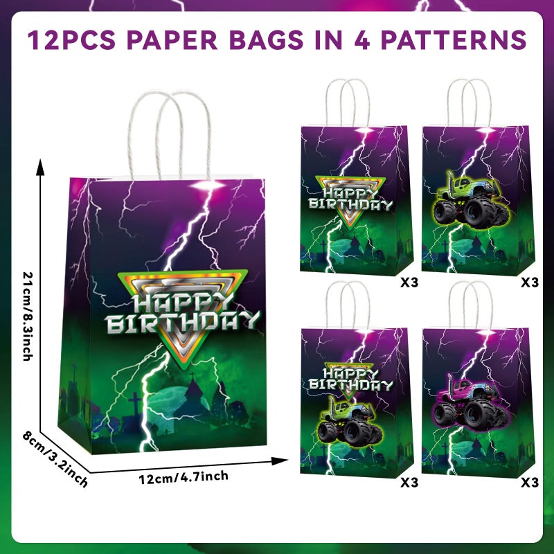 CHUNNIN 12 Monster Truck Birthday Party Paper Bags Monster Truck Candy Bags Green Purple Racing Truck Theme Decorations - Kids Boys Gift Goodie Birthday Party Favorï¼ˆ8.27 x 4.72 x 3.15inchï¼‰ - Image 2