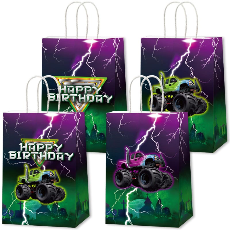 CHUNNIN 12 Monster Truck Birthday Party Paper Bags Monster Truck Candy Bags Green Purple Racing Truck Theme Decorations - Kids Boys Gift Goodie Birthday Party Favorï¼ˆ8.27 x 4.72 x 3.15inchï¼‰ - Image 1