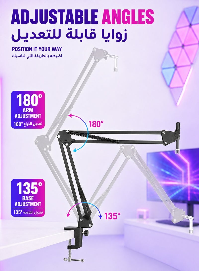 WALALLA Boom Arm Mic Stand, Adjustable Suspension Scissor Arm Stand for USB Condenser Microphones, Desk Clamp Mount, 3/8 Inch to 5/8 Inch Adapter, Without Microphone - Image 2