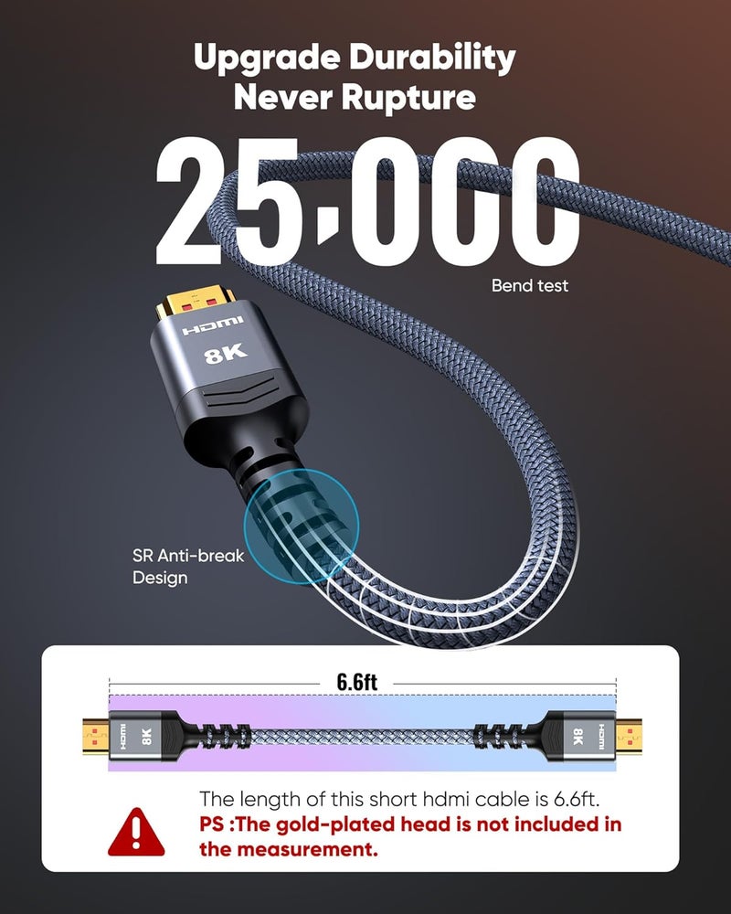 Highwings 8K Ultra High Speed HDMI Cable 6.6FT - 48Gbps, 4K@120Hz, 8K@60Hz, Braided Cord - Image 5