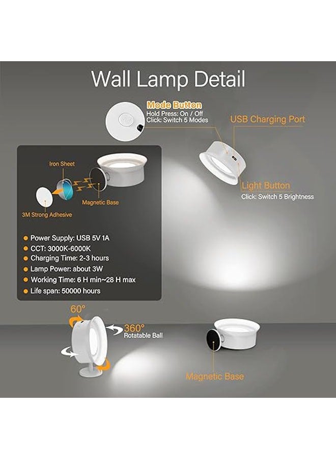 عام ضوء جدار داخلي، ضوء جدار لاسلكي، بدون حفر، مع 5 مستويات لدرجة حرارة الضوء، مناسب لغرفة نوم، صالة، شارع، ضوء ليلي، 2 قطعة. - Image 4