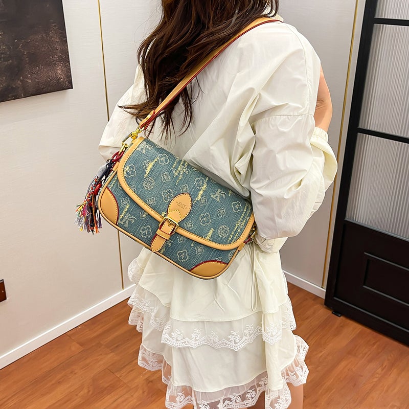 New Style Bags For Women, New Denim Underarm Bags, Niche Presbyopic Baguette Bags, Single Shoulder Crossbody Small Square Bags With Printing - Image 2