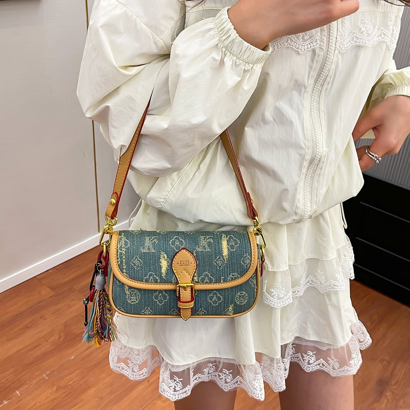 New Style Bags For Women, New Denim Underarm Bags, Niche Presbyopic Baguette Bags, Single Shoulder Crossbody Small Square Bags With Printing - Image 5