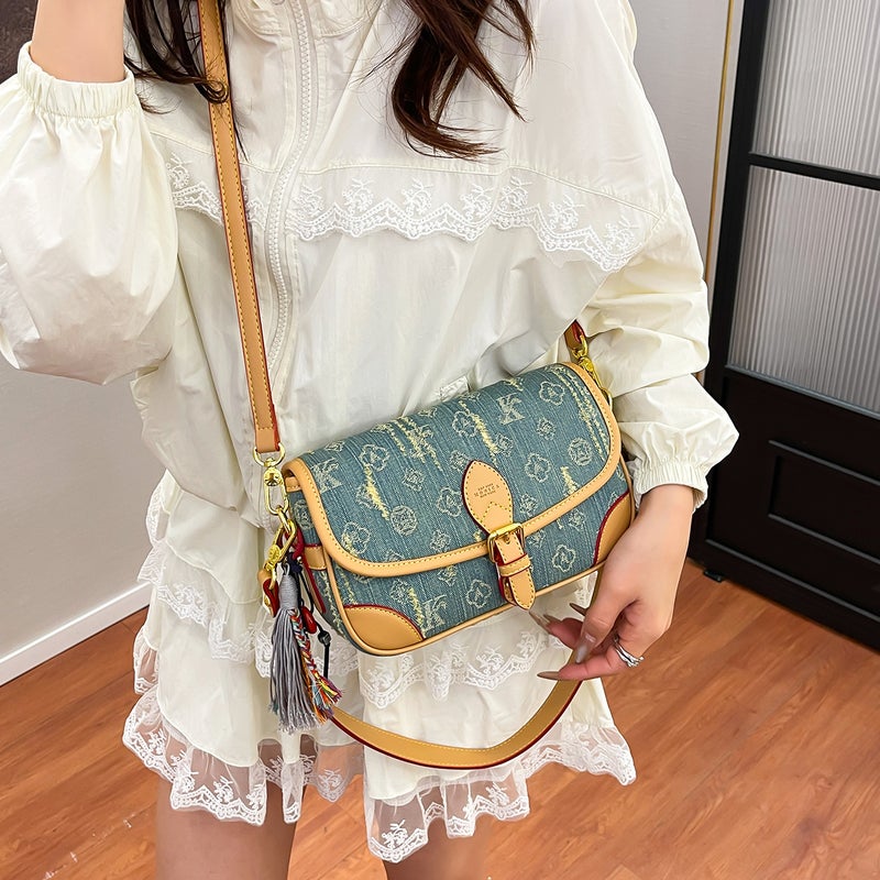 New Style Bags For Women, New Denim Underarm Bags, Niche Presbyopic Baguette Bags, Single Shoulder Crossbody Small Square Bags With Printing - Image 3