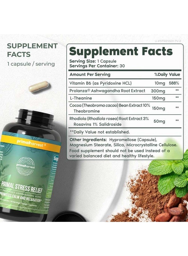 Primal Harvest Stress Relief Supplement for Women and Men Pure Ashwagandha Root Extract, L-Theanine Supplements, 60 Capsules - Image 2
