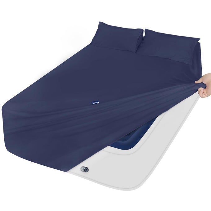 QUEEN SHEET SET FOR AIR MATTRESS SHEETS QUEEN SIZE BED SET 3PCS SIDE STORAGE POCKET FITTED SHEET PILLOWCASES EASILY FITS 16IN TO 24IN PILLOW TOP AIR BED MATTRESS NAVY BLUE