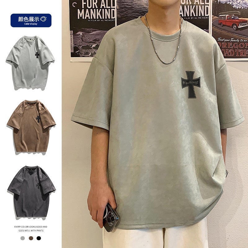 Heavy Suede Short-sleeved Men's Summer American Style Retro Curry Color T-shirt Japanese Style Trendy Brand Yagi Shuai High Street Half-sleeved - Image 4