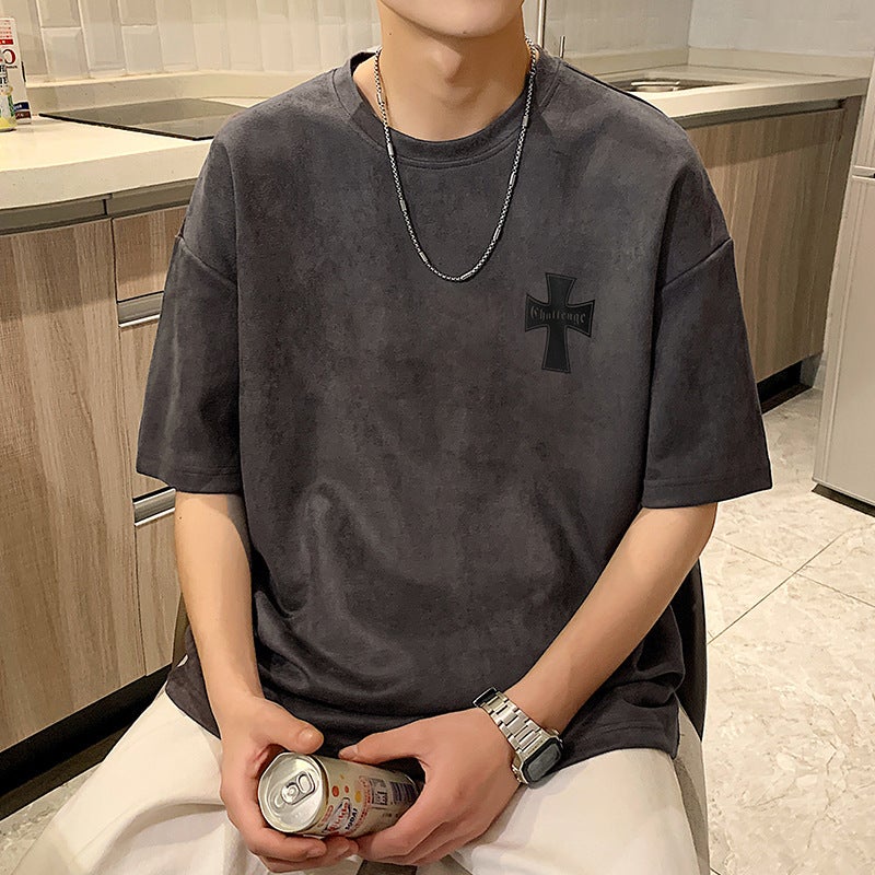 Heavy Suede Short-sleeved Men's Summer American Style Retro Curry Color T-shirt Japanese Style Trendy Brand Yagi Shuai High Street Half-sleeved - Image 1