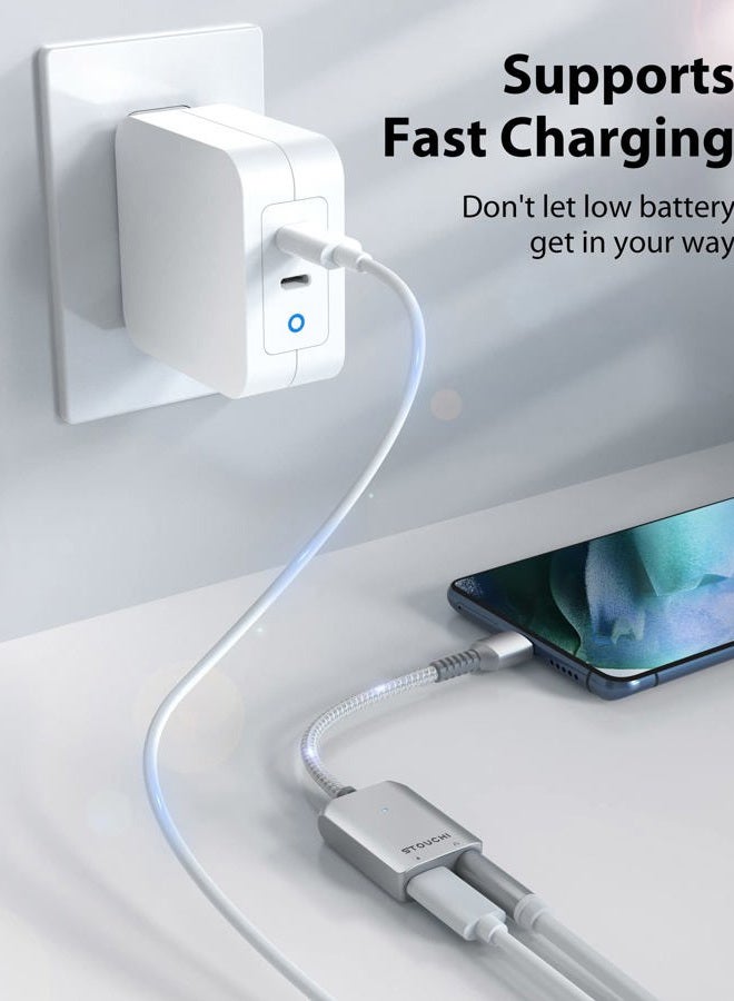 Stouchi محول USB C إلى 3.5 مم لسماعات الرأس والشاحن، 2 في 1 USB-C إلى جاك صوت Aux مع شحن سريع آمن بقوة 30 واط، متوافق مع Hi-res DAC مع سامسونج S22 S21+ ألترا نوت 20/10، بيكسل 9/8/6 فضي - Image 2