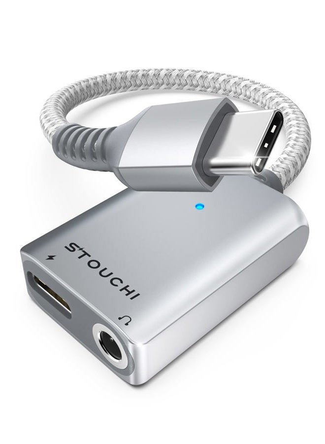 Stouchi محول USB C إلى 3.5 مم لسماعات الرأس والشاحن، 2 في 1 USB-C إلى جاك صوت Aux مع شحن سريع آمن بقوة 30 واط، متوافق مع Hi-res DAC مع سامسونج S22 S21+ ألترا نوت 20/10، بيكسل 9/8/6 فضي - Image 1