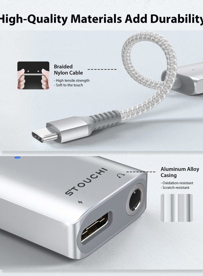 Stouchi محول USB C إلى 3.5 مم لسماعات الرأس والشاحن، 2 في 1 USB-C إلى جاك صوت Aux مع شحن سريع آمن بقوة 30 واط، متوافق مع Hi-res DAC مع سامسونج S22 S21+ ألترا نوت 20/10، بيكسل 9/8/6 فضي - Image 3