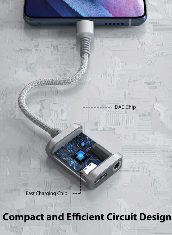 Stouchi محول USB C إلى 3.5 مم لسماعات الرأس والشاحن، 2 في 1 USB-C إلى جاك صوت Aux مع شحن سريع آمن بقوة 30 واط، متوافق مع Hi-res DAC مع سامسونج S22 S21+ ألترا نوت 20/10، بيكسل 9/8/6 فضي - Image 5