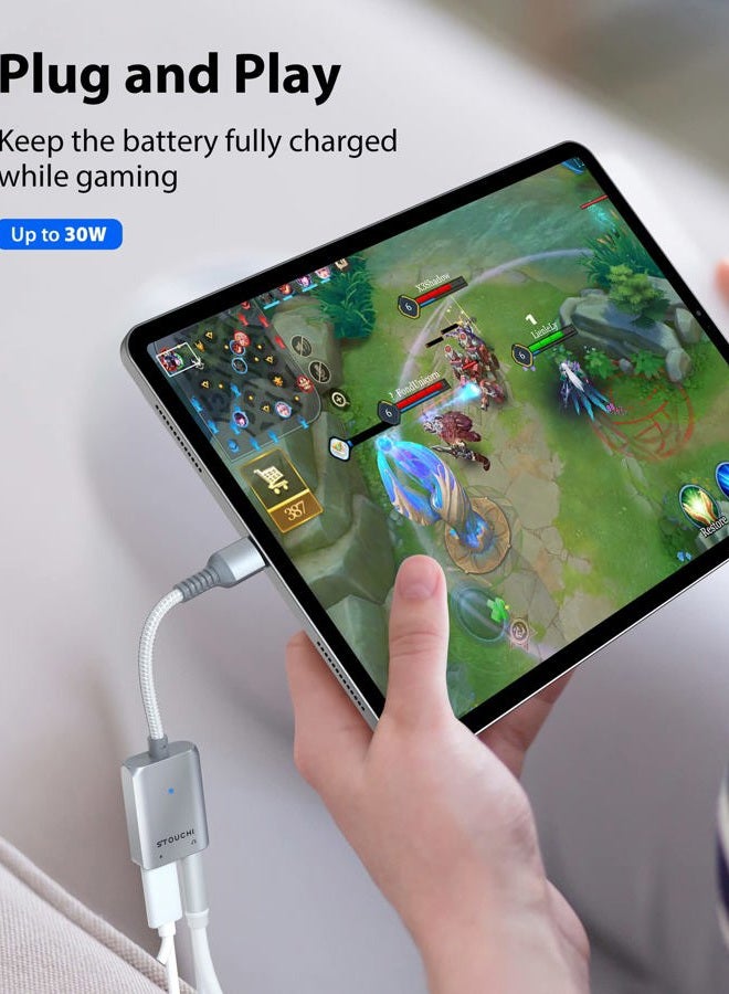 Stouchi محول USB C إلى 3.5 مم لسماعات الرأس والشاحن، 2 في 1 USB-C إلى جاك صوت Aux مع شحن سريع آمن بقوة 30 واط، متوافق مع Hi-res DAC مع سامسونج S22 S21+ ألترا نوت 20/10، بيكسل 9/8/6 فضي - Image 4