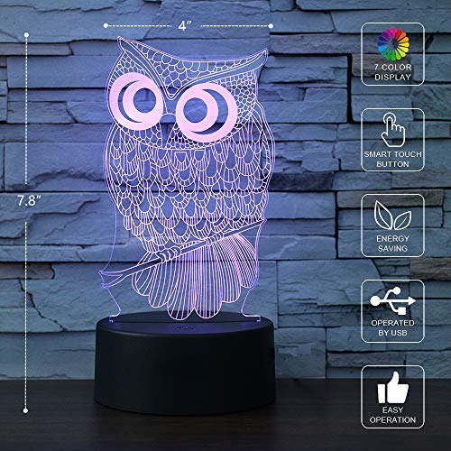 i-CHONY Owl Gift Night Light for Kids,3D Illusion Lamp 7 Colors Auto Changing Touch Table Lamp Bedroom Decorations Bedside Lamp - Owl Gifts for Kids Boys Girls Teens Women Christmas Gifts - Image 3