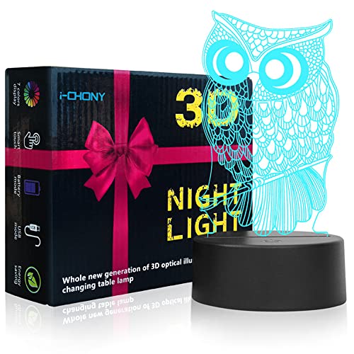 i-CHONY Owl Gift Night Light for Kids,3D Illusion Lamp 7 Colors Auto Changing Touch Table Lamp Bedroom Decorations Bedside Lamp - Owl Gifts for Kids Boys Girls Teens Women Christmas Gifts - Image 4