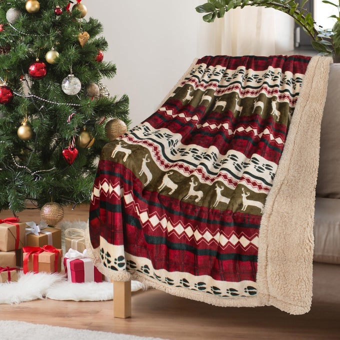 CHRISTMAS SHERPA THROW 50 X 60 XMAS PATTERN SUPER SOFT FLUFFY TV BLANKET FOR BED COUCH HOLIDAYS GREY XMAS
