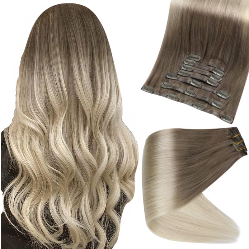 Full Shine Blonde Hair Extensions Real Human Hair Clip ins Skin Weft Clip in Extensions Seamless Human Hair Light Brown Balayage to Platinum Blonde Extensions Human Hair Natural 100 Grams 12 Inch