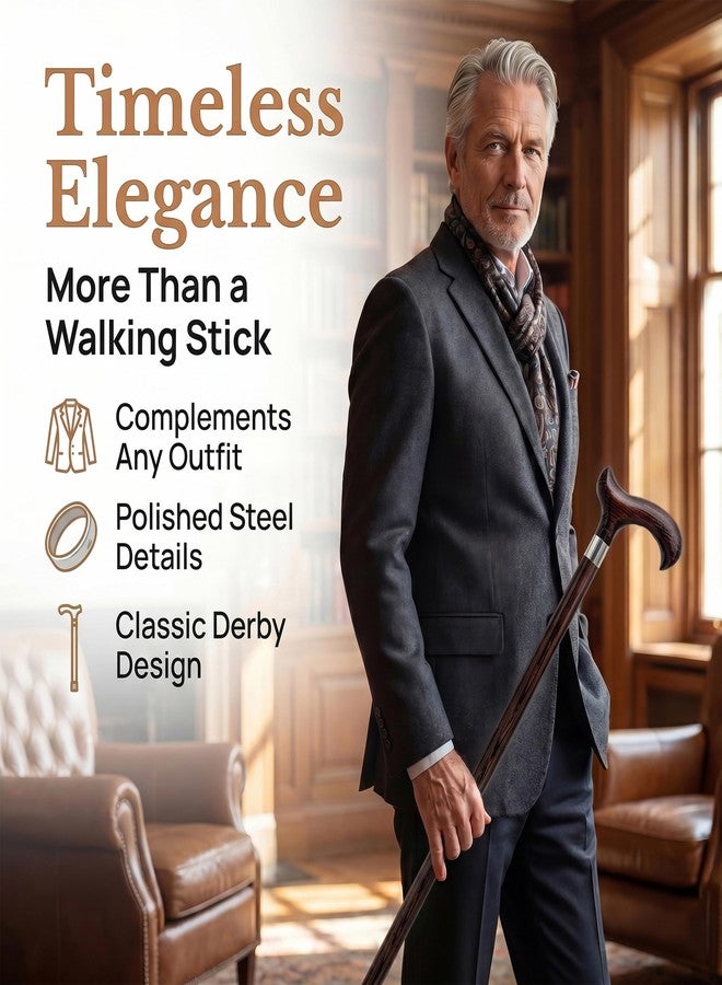 Dr Watson Dr. Watson Classic Derby Walking Cane - Handcrafted Ash Wood Cane with Polished Stainless Steel Collar (Wenge) - Image 3
