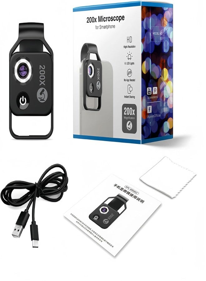 Zunate APL‑MS002 200x Phone Microscope, Mini Pocket Microscope, 6 LED Light Guides, 2 Levels of Brightness Adjustment, Magnification Phone Camera Macro Lens Kit(with CPL) - Image 4
