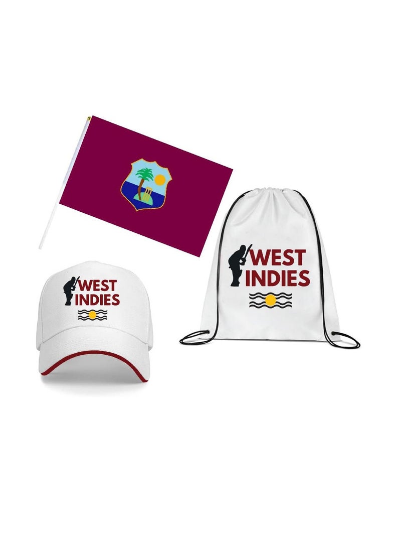 مجموعة هدايا رياضية لعشاق الكريكيت من جزر الهند الغربية للبالغين - عبوة من 3 قطع: حقيبة برباط، علم يدوي، قبعة - مثالية لفعاليات جزر الهند الغربية الرياضية ومباريات الكريكيت - Image 1