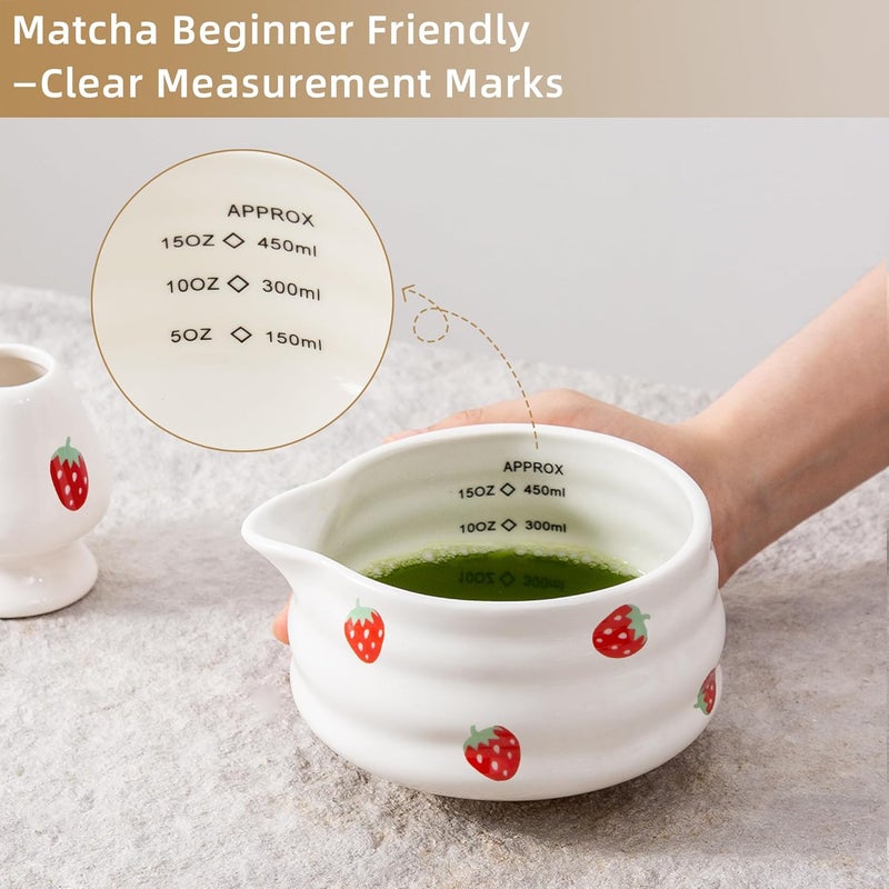 YumiPLUS 5pcs Premium Matcha Set,Ceramic Bowl with Spout and Bamboo Whisk set, Ceremonical Matcha Kit for breakfast/latte,Tea Starter Making Kit,Unique Matcha Gift set (strawberry) - Image 3