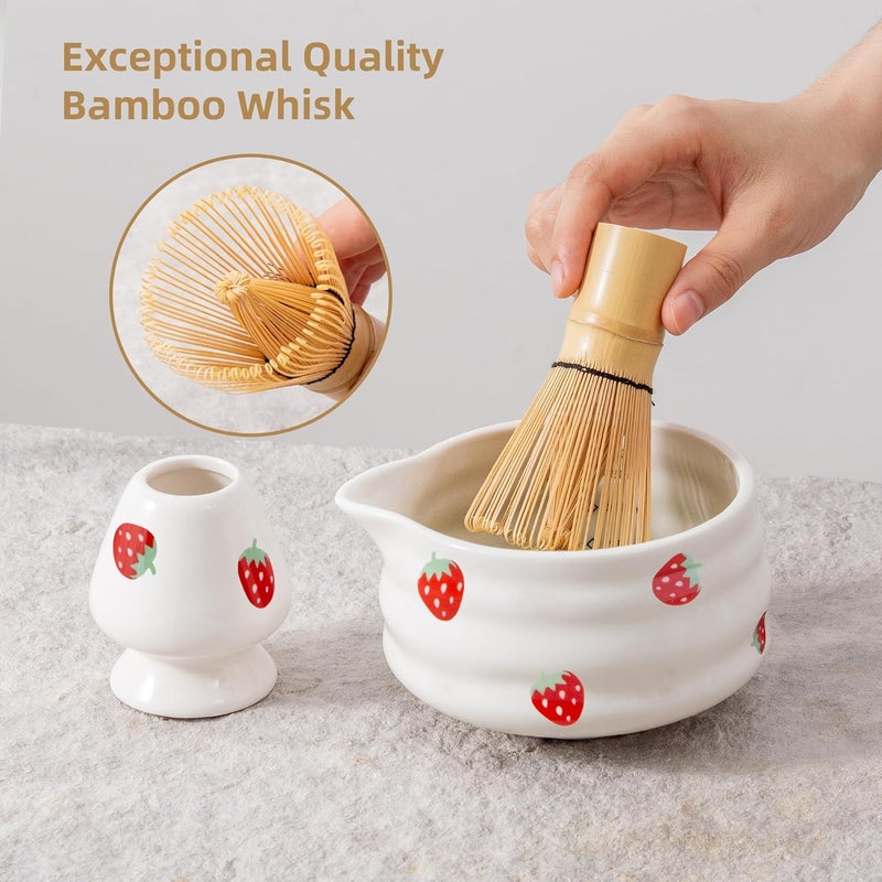 YumiPLUS 5pcs Premium Matcha Set,Ceramic Bowl with Spout and Bamboo Whisk set, Ceremonical Matcha Kit for breakfast/latte,Tea Starter Making Kit,Unique Matcha Gift set (strawberry) - Image 4